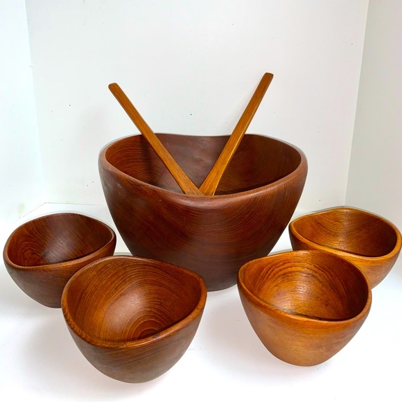 Goodwood Dining Vintage Genuine Teak Wood 7 Pc Salad Bowl Set Made